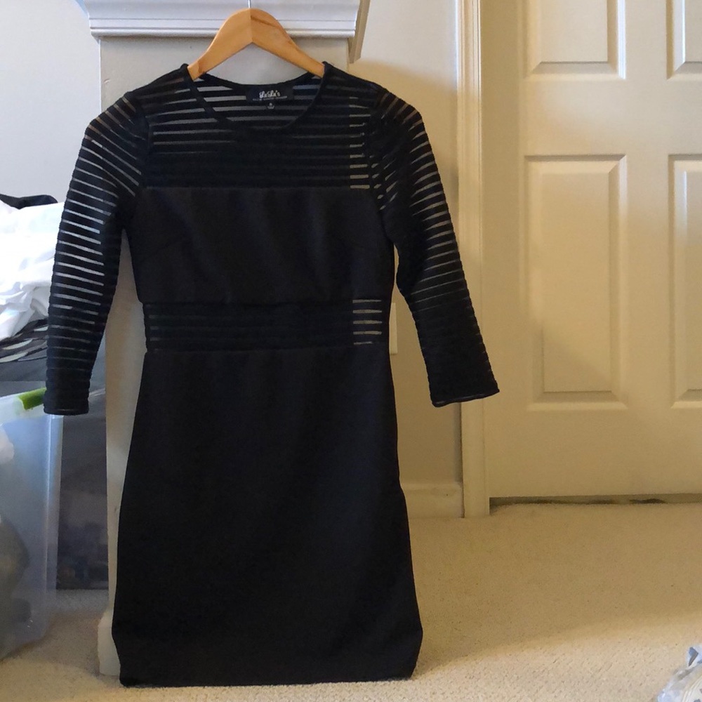 Black long sleeve dress with striped sheer mesh
